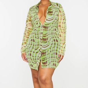 Plus Lime Geo Swirl Print Mesh Button Down Shirt Dress